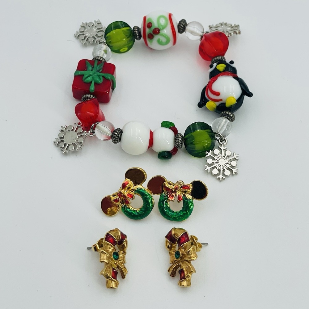 Gold‎ Tone Earrings & Glass Bracelet Christmas Jewelry Pier 1 Disney Avon